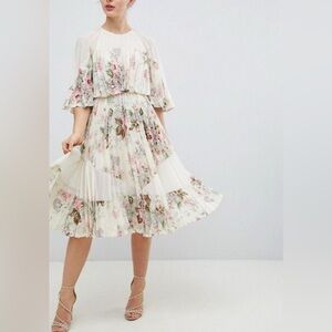 ASOS Cream Floral Pleated Cape Shoulder Sheer Midi Dress size 10